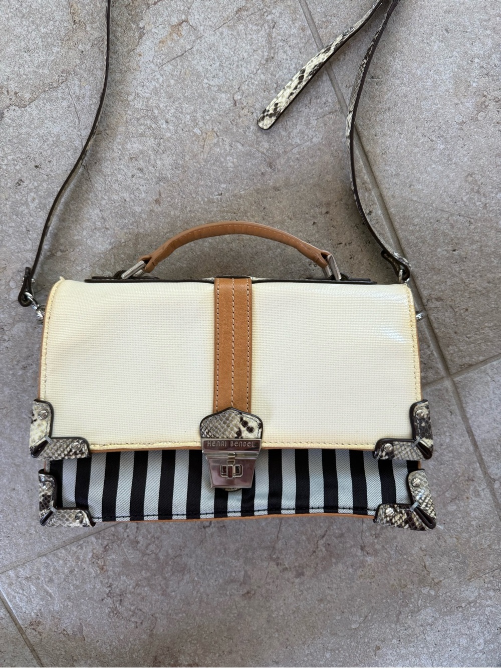 henri bendel Cream & Tan Crossbody Bag with Black & White Stripe Trim - Picture 2 of 6